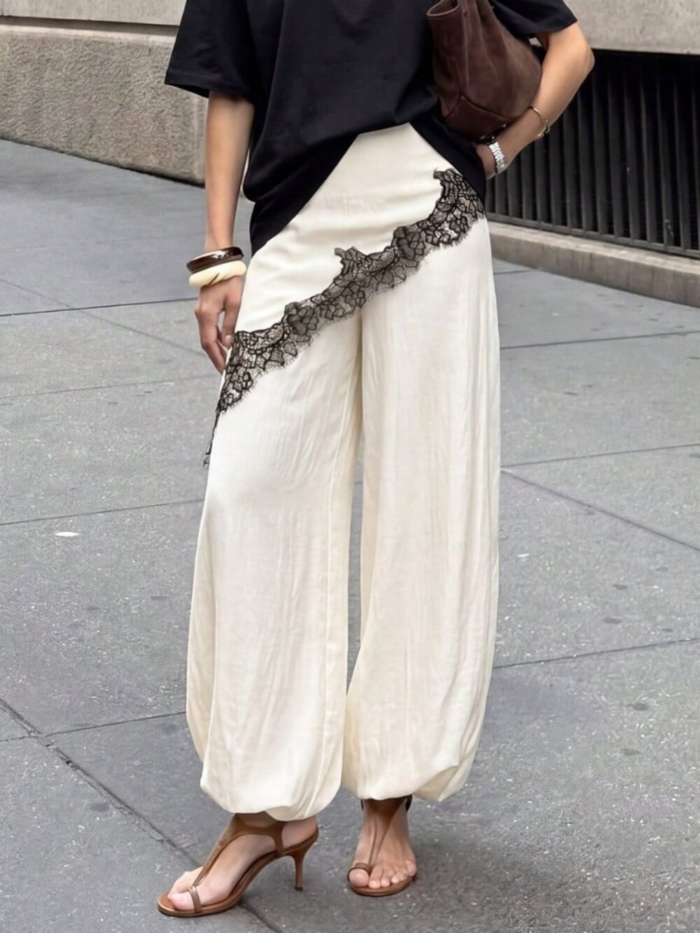 Apricot Casual Women's Contrast Lace Loose Wide Leg Pants - Picture 5 of 7
